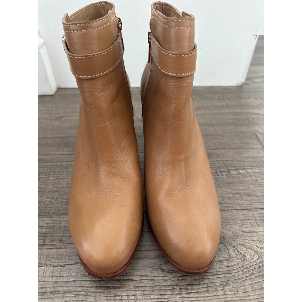Tory Burch Tan Leather Ankle Boots Logo Medallion Kitten Heel Booties Womens